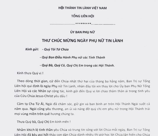 Thư Chúc Mừng Ngày Phụ Nữ Tin Lành